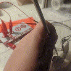 Considering the last one, I used the sound-making code this time, trying to create random sound responses by randomly hitting the aluminum foils and trying to turn them around, like in soup or water, to make even more random and interesting interactions. However, it was kind of hard to do with one hand once again.